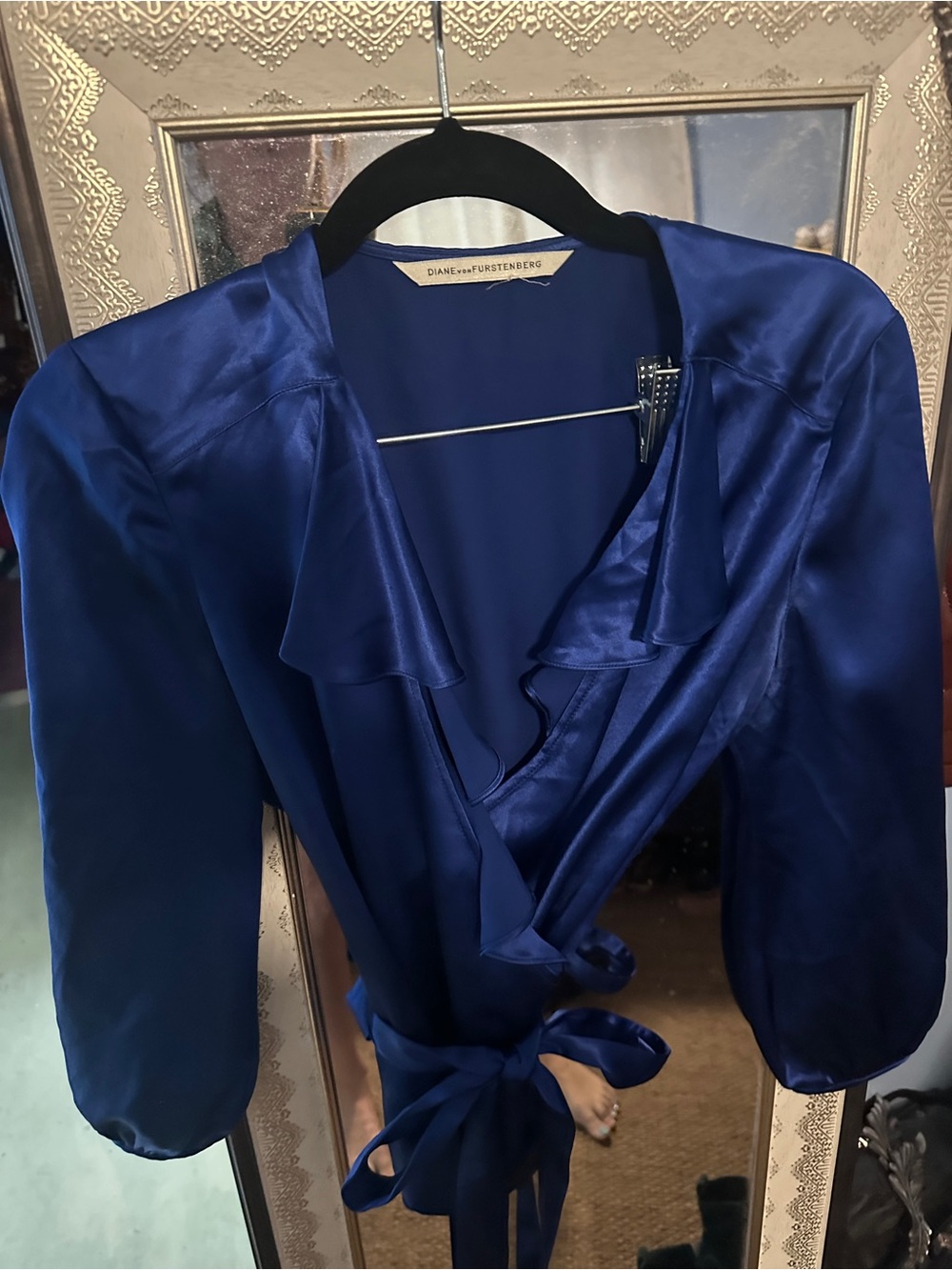 Vintage Diane Von Furstenberg Cobalt Blue Ruffled Wrap satin shirt